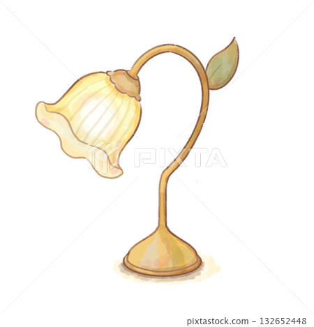 水彩插畫，描繪了一盞帶有花形燈罩的古董燈（透明背景，留有空白區域） 132652448