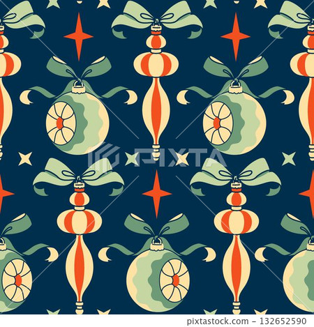 A retro Noel seamless pattern with classic Christmas ornaments and stars. Ideal for creating festive holiday backgrounds, wrapping paper, and vintage-style winter decorations. 132652590