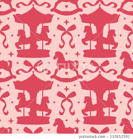A coquette girly seamless pattern in pink tones featuring silhouettes of princesses bows, carousels, rocking horses. A romantic and playful vector background for feminine designs. 132652591