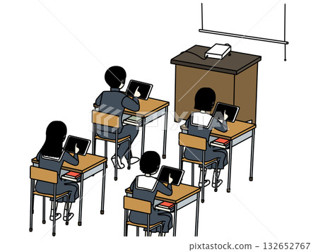 一張照片顯示四名男女學生正在使用平板電腦和投影機上課。 一張照片顯示四名男女學生正在使用平板電腦和投影機上課。 132652767