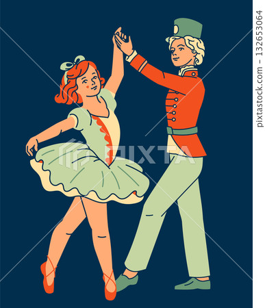 A simple graphic illustration of classic Nutcracker ballet dancers in costume. Perfect for theater programs, holiday promotions, and classic Christmas clip art. 132653064