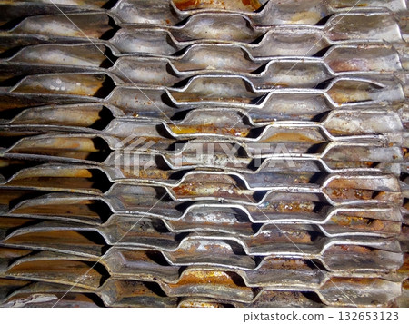 View of an Industrial Plate Heat Exchanger Showing Detailed Plate Pack Assembly 132653123