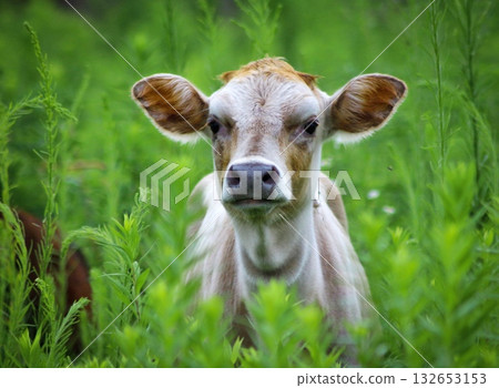 A cute calf with curious eyes peeks through lush green foliage in a vibrant field. Concept of: Rural innocence. A cute calf with curious eyes peeks through lush green foliage in a vibrant field. Concept of: Rural innocence. 132653153