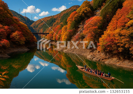 Trolley train, Hozukyo Bridge, Hozugawa River cruise, Autumn leaves 132653155