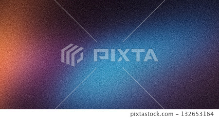 Grainy background, orange blue abstract glowing color gradient spotlights on black dark backdrop, noise texture banner poster header design 132653164