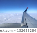 Aerial View From Airplane Wing Over Clouds With Blue Sky And Wingtip Glide Sunlight Bright 132653264