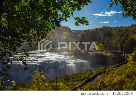 Scenic autumn view of Middle Falls at Letchworth State Park in New York with a bridge in the background Scenic autumn view of Middle Falls at Letchworth State Park in New York with a bridge in the background 132653268