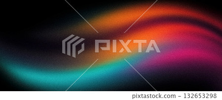 Grainy gradient background, orange blue magenta pink abstract glowing color flow wave black dark backdrop noise texture banner design 132653298
