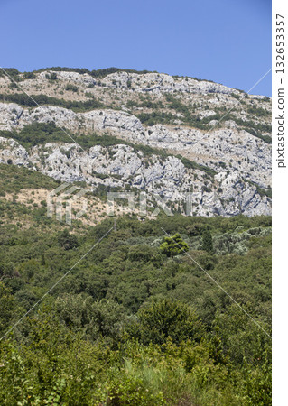 A vertical shot of a mountain landscape, where the lower part is covered with dense green vegetation and shrubs, and the upper part is dry, weathered, light-colored rock. A vertical shot of a mountain landscape, where the lower part is covered with dense green vegetation and shrubs, and the upper part is dry, weathered, light-colored rock. 132653357