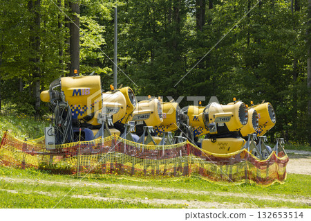 Snow-making machines in Bukovel ski resort in Carpathian Mountains in summer Snow-making machines in Bukovel ski resort in Carpathian Mountains in summer 132653514