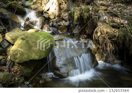 A mountain waterfall among rocks in the Carpathian Mountains in summer A mountain waterfall among rocks in the Carpathian Mountains in summer 132653564