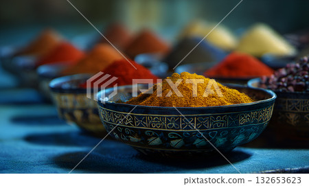 Colorful Bowls of Spices on Blue Surface with Focus on Turmeric 132653623