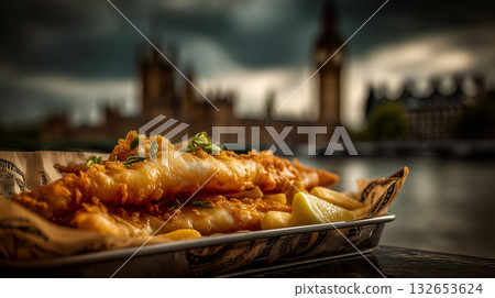 Traditional British Fish and Chips with Lemon Wedge and Herbs, Served Near Big Ben and Palace of Westminster 132653624
