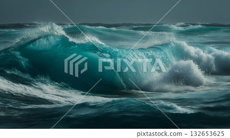 Turbulent Ocean Waves with Illuminated Crests and Deep Blue-Turquoise Contrast 132653625