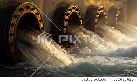 Industrial Pipes Discharging Water with Force into Basin Under Warm Light 132653626