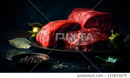 Raw Beef Cuts with Green Peppers, Bay Leaves, and Peppercorns on Metal Tray over Rustic Dark Surface 132653678