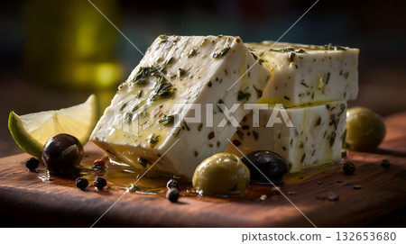 Feta Cheese with Herbs, Olives, Mint, and Lemon on Mediterranean Platter 132653680