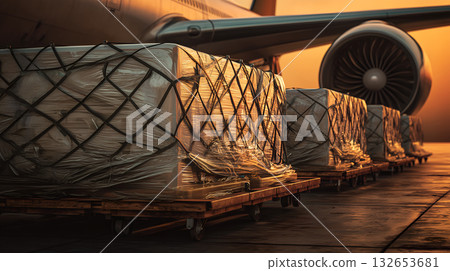 Netted Cargo Pallets Positioned on Tarmac Near Aircraft Engine During Golden Hour at Air Freight Terminal 132653681
