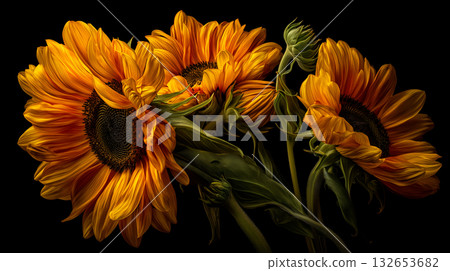 Close-Up of Three Vibrant Sunflowers with Golden-Orange Petals and Dark Centers on Black Background 132653682
