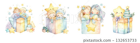Pastel gift box with smiling star Pastel gift box with smiling star 132653733