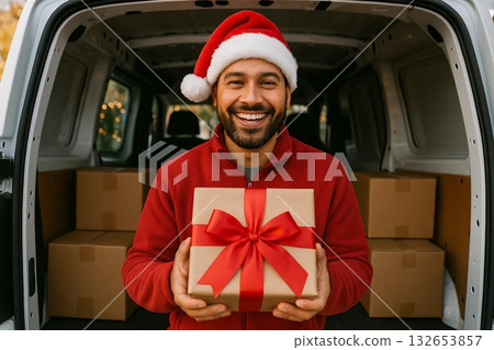 Man in Santa Hat Holding Christmas Gift Man in Santa Hat Holding Christmas Gift 132653857
