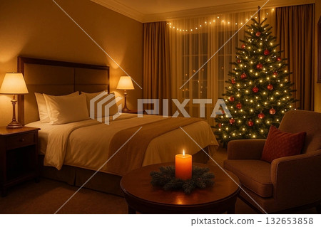 Cozy Bedroom Interior with Christmas Tree Cozy Bedroom Interior with Christmas Tree 132653858
