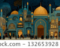 Isfahan Mosque with Golden Dome, Blue Tilework and Cultural Gathering. Cultural Illustration 132653928