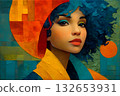 Abstract Portrait of Person with Curly Blue Hair and Geometric Background 132653931