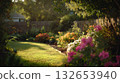 Backyard Garden with Green Lawn, Blooming Flowers, Wooden Fence, and Sunlit Shed in Residential Setting 132653940