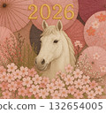 White horse and cherry blossom embroidery art illustration 132654005