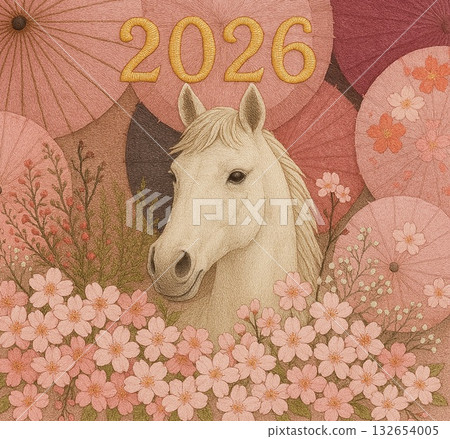 White horse and cherry blossom embroidery art illustration White horse and cherry blossom embroidery art illustration 132654005