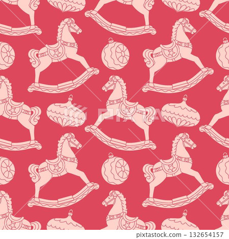 A monochrome seamless pattern in pink and scarlet with rocking horses and Christmas tree baubles. A chic and festive holiday background for seasonal designs. A monochrome seamless pattern in pink and scarlet with rocking horses and Christmas tree baubles. A chic and festive holiday background for seasonal designs. 132654157
