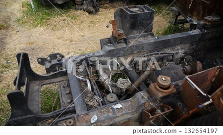 Rusty and burned-out armored vehicles on ukrainian territory. Exhibition of destroyed military equipment of the russian army. War between Ukraine and russia. Close up Slow motion 132654197