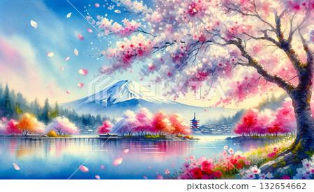 櫻花、富士山和湖泊。日本的春日景色。 132654662