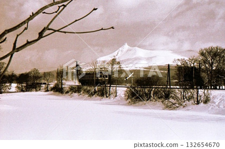1970 Diesel Car Kiha 22 and Mt. Komagatake, Onuma Quasi-National Park, Hakodate Main Line, Onuma Koen Station, Archive Photograph, Hokkaido 132654670