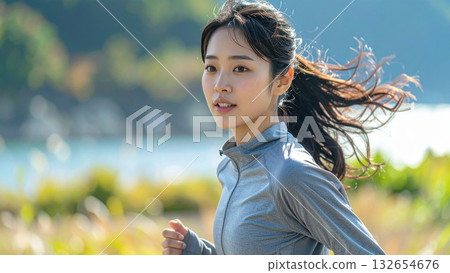 Young Japanese woman enjoying running 132654676