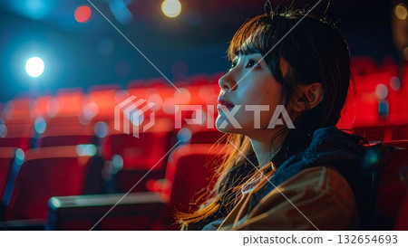 一位年輕的日本女子在電影院看電影。 132654693