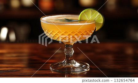 A refreshing orange cocktail served in a coupe glass garnished with lime and sage leaves, resting on a wooden bar surface with blurred background. 132654764