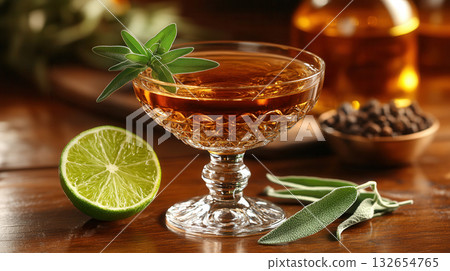 A refreshing orange cocktail served in a coupe glass garnished with lime and sage leaves, resting on a wooden bar surface with blurred background. A refreshing orange cocktail served in a coupe glass garnished with lime and sage leaves, resting on a wooden bar surface with blurred background. 132654765