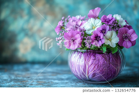 Glass vase with vibrant arrangement of pink and white cosmos flowers, filled with purple cabbage leaves at the bottom, placed outdoors with golden hour light in the background. 132654776