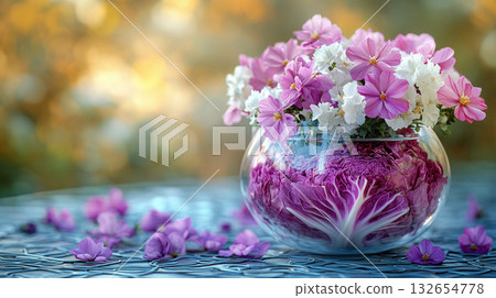 Glass vase with vibrant arrangement of pink and white cosmos flowers, filled with purple cabbage leaves at the bottom, placed outdoors with golden hour light in the background. 132654778