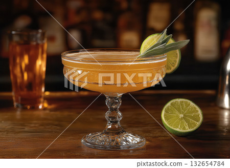 A refreshing orange cocktail served in a coupe glass garnished with lime and sage leaves, resting on a wooden bar surface with blurred background. A refreshing orange cocktail served in a coupe glass garnished with lime and sage leaves, resting on a wooden bar surface with blurred background. 132654784