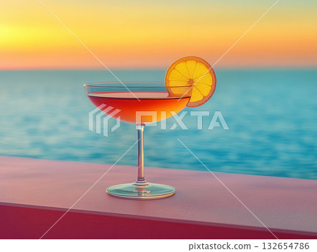 Orange cocktail glass with fruit slice on blue sky background. A vivid drink with ice and an orange slice, served in a clear glass 132654786