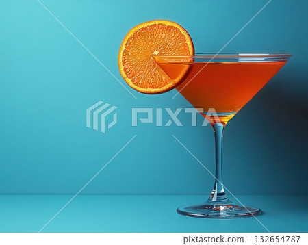 Orange cocktail glass with fruit slice on blue sky background. A vivid drink with ice and an orange slice, served in a clear glass 132654787