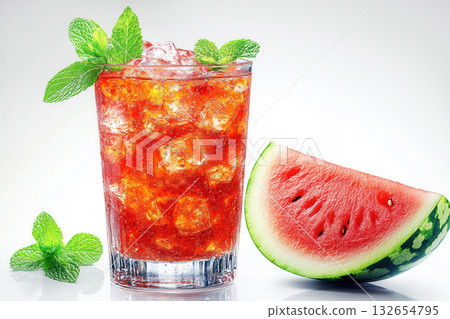 Blueberry cocktail garnished with slice of watermelon, sprig of mint, Two refreshing blueberry and cucumber cocktails with ice and mint garnish 132654795