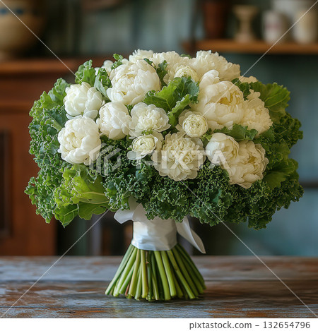 Elegant pink gift box ribbon and rose decor surrounded by petals on teal background. Great for birthdays, weddings or Valentine 132654796