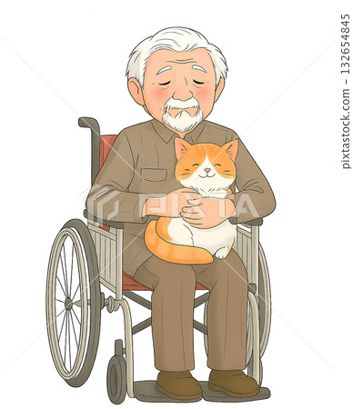 一位坐在輪椅上的老人抱著一隻貓（白色背景，關愛，治癒） 老人，長者，男性，輪椅，貓 132654845