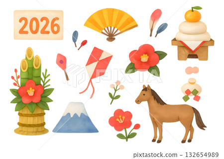 2026 Year of the Horse New Year Illustration Set: Horse and New Year Decorations 2026 Year of the Horse New Year Illustration Set: Horse and New Year Decorations 132654989