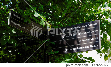 Tourist signs pointing to Cambridge museums and attractions, UK Tourist signs pointing to Cambridge museums and attractions, UK 132655027