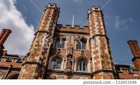 St John s College gatehouse reaching for a cloudy sky in Cambridge 132655046